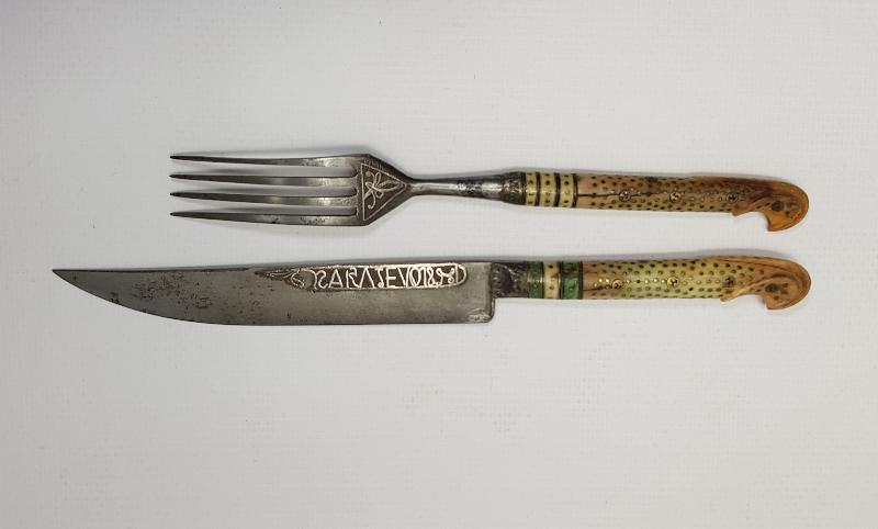 OSMANLI DÖNEMİ BOSNA İŞİ GÜMÜŞ KAKMA ÇATAL BIÇAK SETİ 