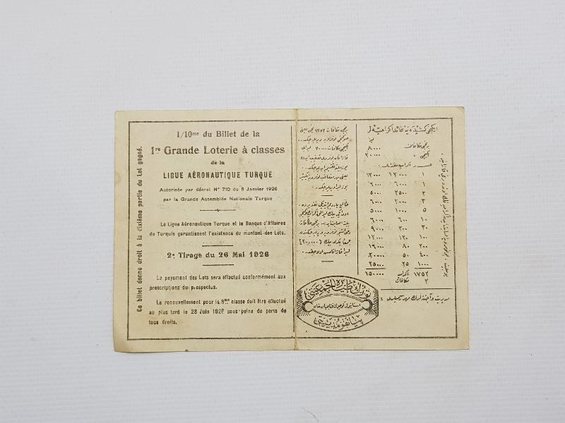 1926 OSMANLICA YAZILI TÜRK TAYYARE PİYANGOSU BİLETİ 