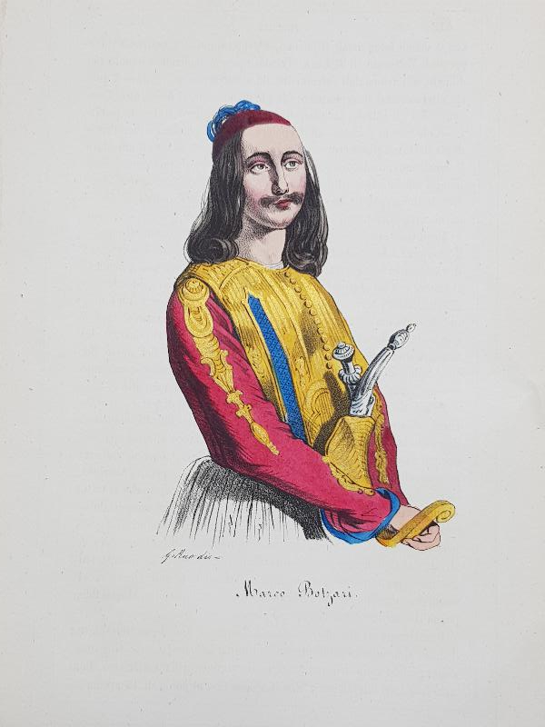 OSMANLI DÖNEMİ EL BOYAMA YUNAN KAHRAMAN MARKOS BOTZARİS GRAVÜRÜ