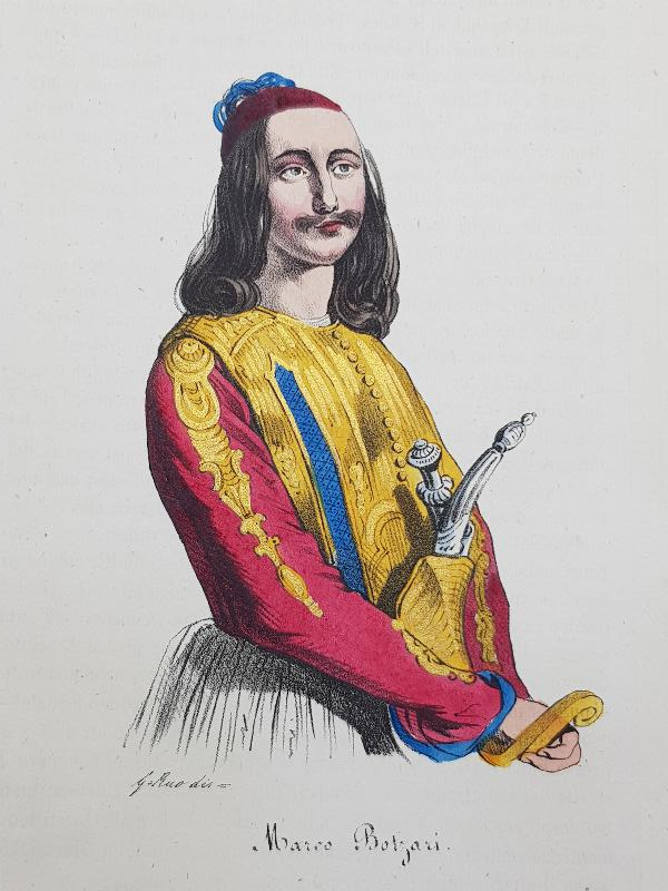 OSMANLI DÖNEMİ EL BOYAMA YUNAN KAHRAMAN MARKOS BOTZARİS GRAVÜRÜ