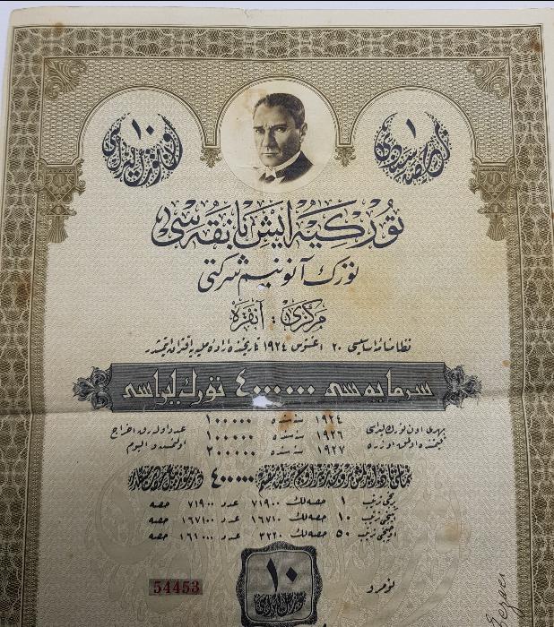 ATATÜRK RESİMLİ OSMANLICA İŞ BANKASI HİSSE SENEDİ 