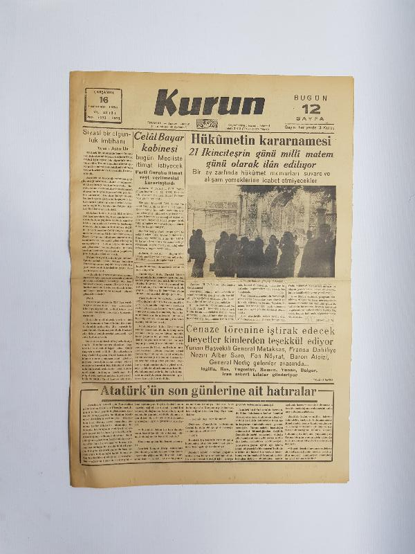 ATATÜRK'ÜN VEFAT HABERLERİ -16 KASIM 1938 KURUN GAZETESİ 