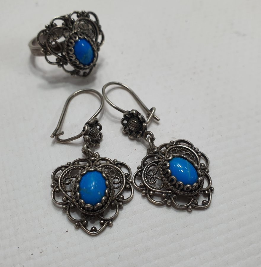 BEYPAZARI İŞİ TELKARİ İŞÇİLİKLİ TURKUAZ TAŞLI KÜPE YÜZÜK TAKIMI