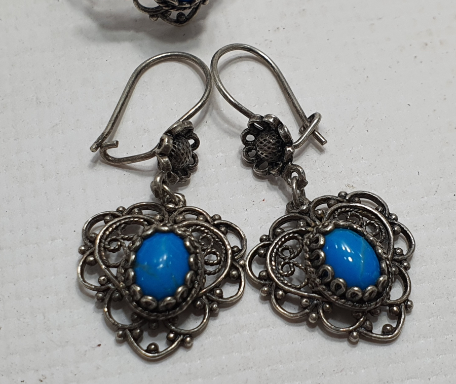 BEYPAZARI İŞİ TELKARİ İŞÇİLİKLİ TURKUAZ TAŞLI KÜPE YÜZÜK TAKIMI