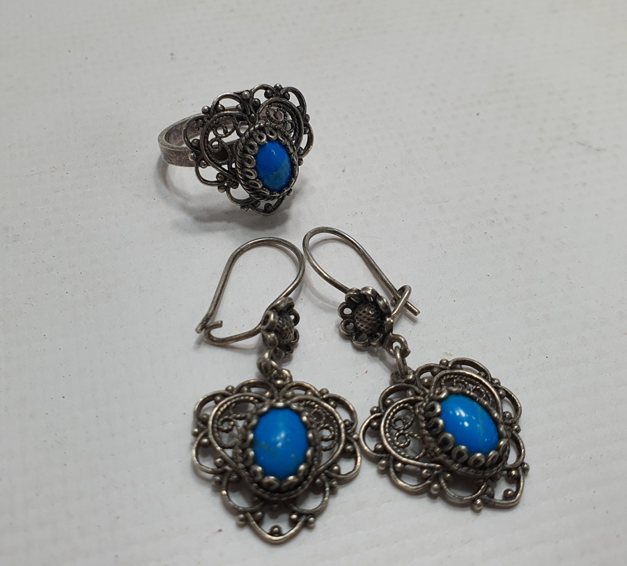 BEYPAZARI İŞİ TELKARİ İŞÇİLİKLİ TURKUAZ TAŞLI KÜPE YÜZÜK TAKIMI