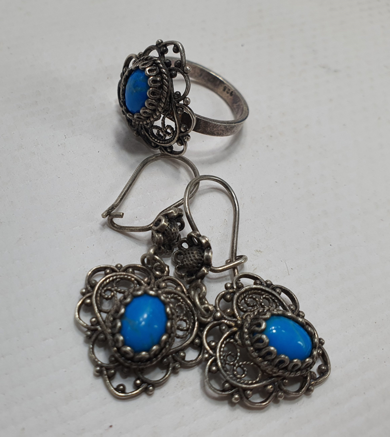 BEYPAZARI İŞİ TELKARİ İŞÇİLİKLİ TURKUAZ TAŞLI KÜPE YÜZÜK TAKIMI