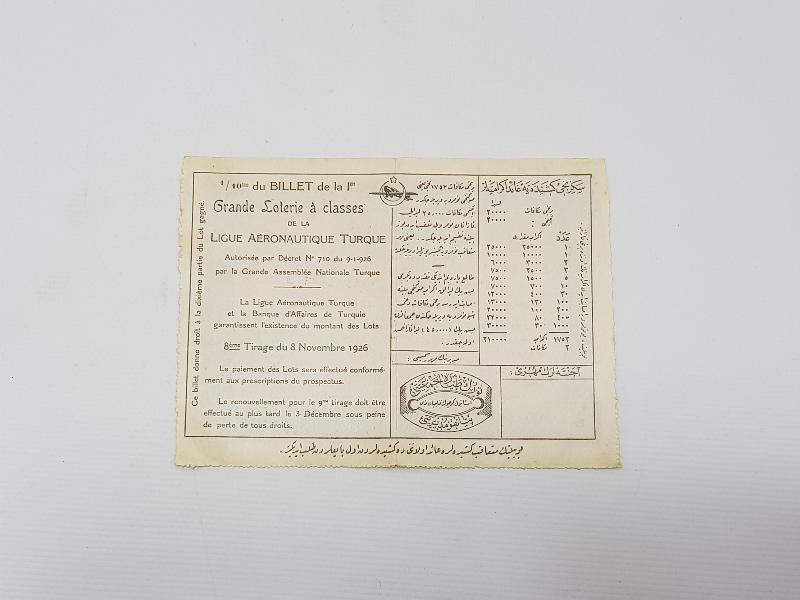 OSMANLICA TÜRK TAYYARE CEMİYETİ PİYANGO BİLETİ 