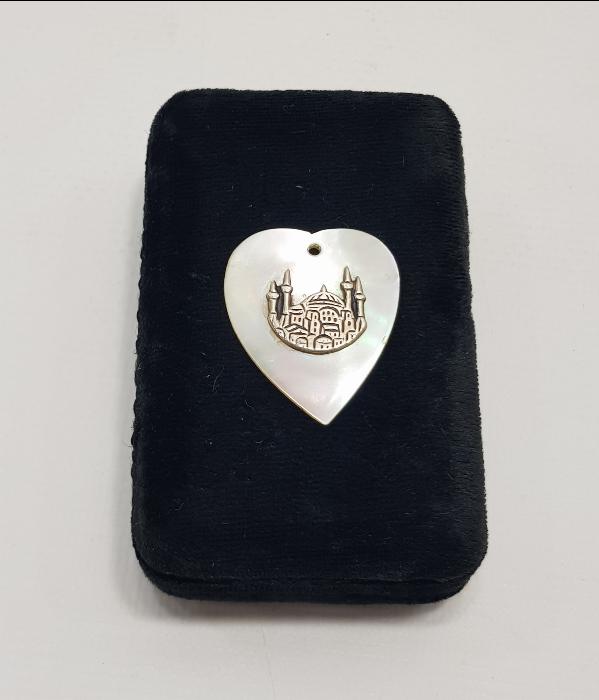 GÜMÜŞ AYASOFYA CAMİİ TEMALI KALP FORMLU SEDEF KOLYE UCU 