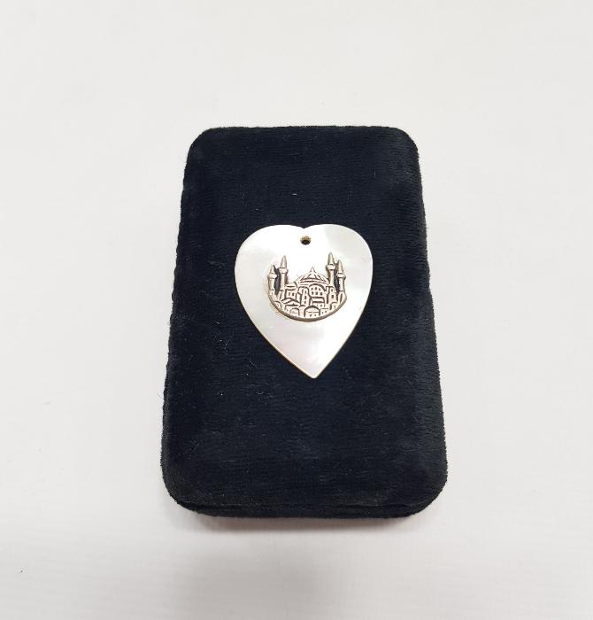 GÜMÜŞ AYASOFYA CAMİİ TEMALI KALP FORMLU SEDEF KOLYE UCU 