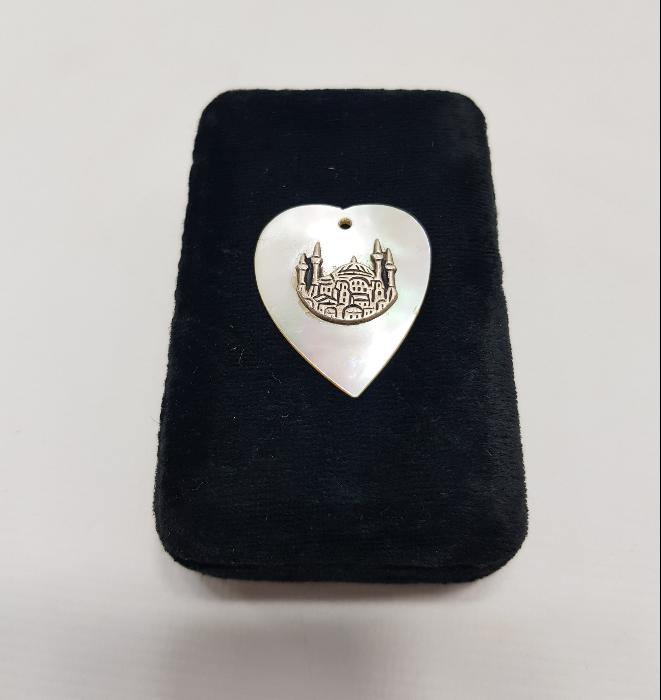 GÜMÜŞ AYASOFYA CAMİİ TEMALI KALP FORMLU SEDEF KOLYE UCU 