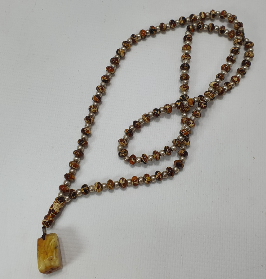 ÇOK NADİR ANTİKA DAMLA KEHRİBAR VE GÜMÜŞ GERDANLIK