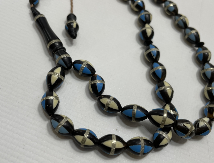 KUKA ÜZERİ GÜMÜŞ - KEMİK VE TURKUAZ ÇAKMA TESBİH