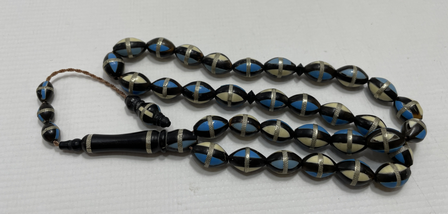 KUKA ÜZERİ GÜMÜŞ - KEMİK VE TURKUAZ ÇAKMA TESBİH