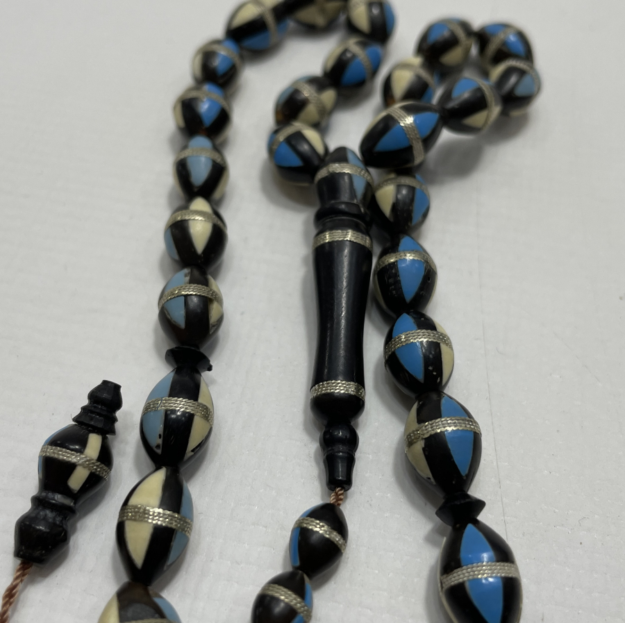 KUKA ÜZERİ GÜMÜŞ - KEMİK VE TURKUAZ ÇAKMA TESBİH