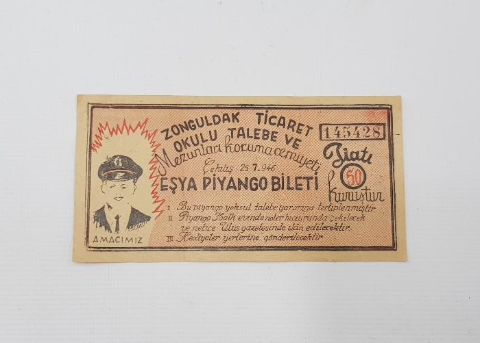1946 ZONGULDAK TİCARET OKULU EŞYA PİYANGOSU BİLETİ 