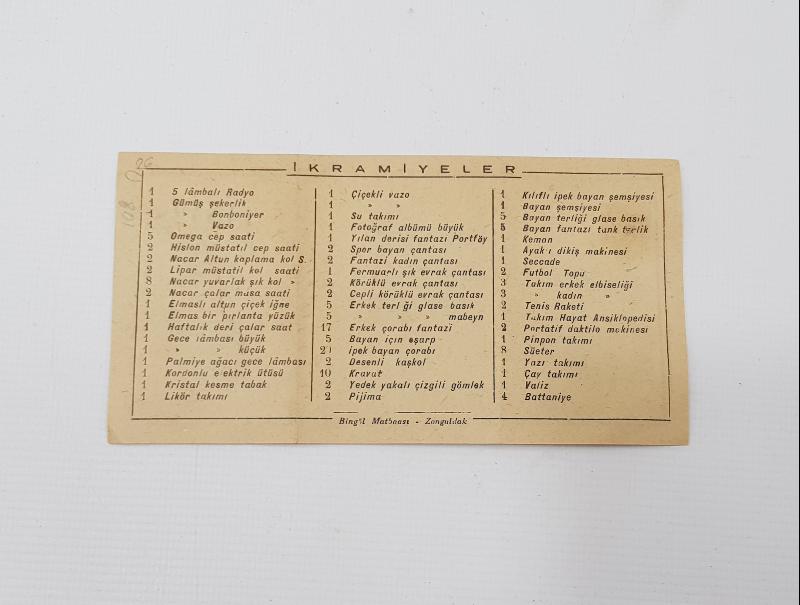 1946 ZONGULDAK TİCARET OKULU EŞYA PİYANGOSU BİLETİ 