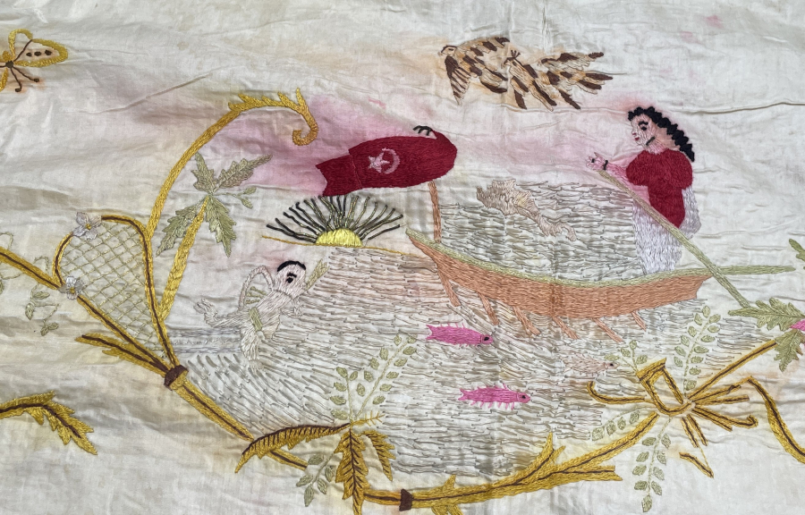 OSMANLI DÖNEMİ DENİZCİLİKLE İLGİLİ İPEK VE GÜMÜŞ SIRMA İŞÇİLİKLİ BÜYÜK BOY EL İŞLEME PANO