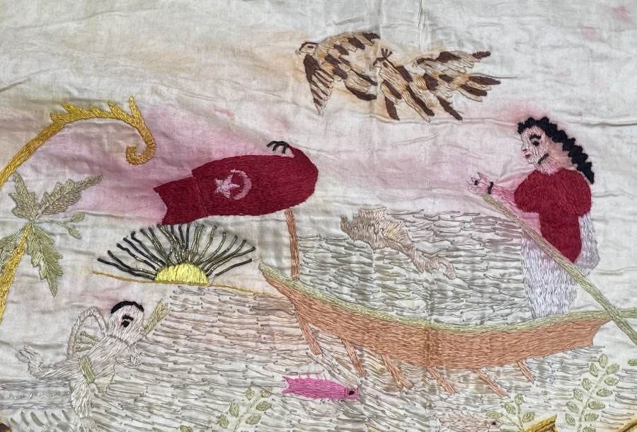 OSMANLI DÖNEMİ DENİZCİLİKLE İLGİLİ İPEK VE GÜMÜŞ SIRMA İŞÇİLİKLİ BÜYÜK BOY EL İŞLEME PANO