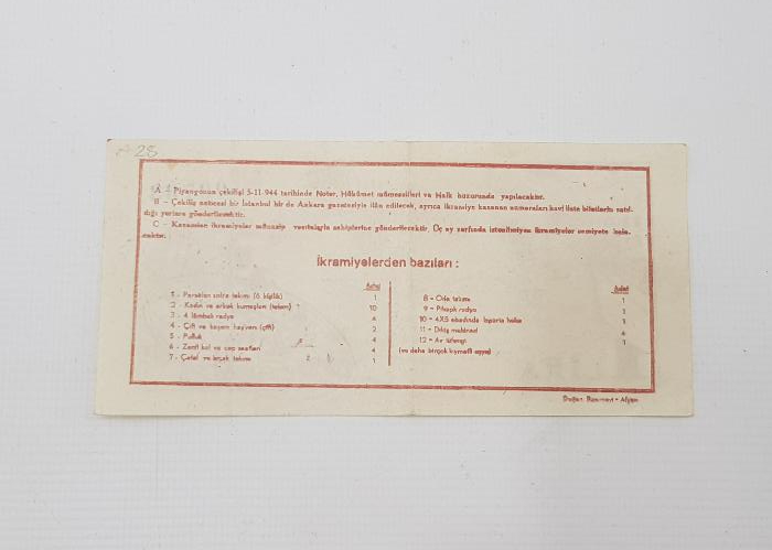 1944 TAVŞANLI'YI GÜZELLEŞTİRME VE İMAR CEMİYETİ EŞYA PİYANGOSU BİLETİ 