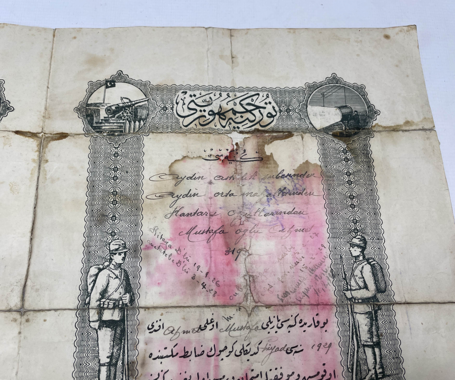 1929 TARİHLİ ÇOK NADİR ASKER KÜNYE EVRAKI