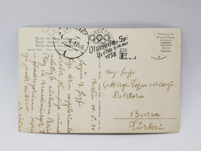 1936 BERLİN OLİMPİYATLARI TÜRK BAYRAKLI PG KARTPOSTAL 