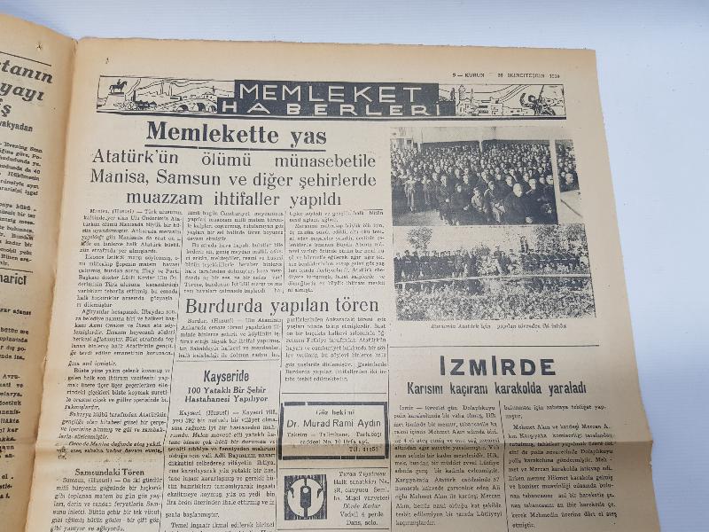 ATATÜRK'ÜN VEFAT HABERLERİ - 26 KASIM 1938 TARİHLİ KURUN GAZETESİ