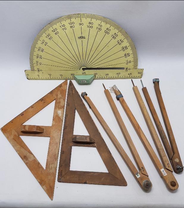 EĞİTİM TARİHİ: ESKİ OKUL GEREÇLERİ. İLETKİ, GÖNYE PERGEL TAKIMI 