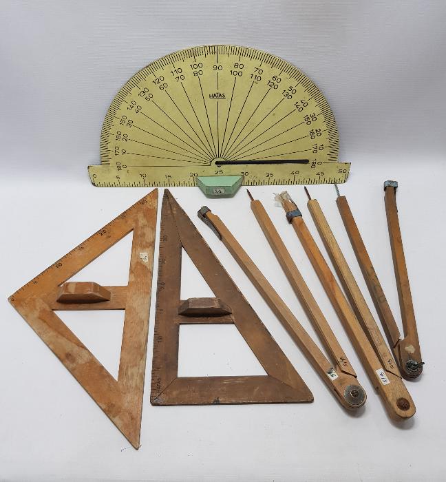 EĞİTİM TARİHİ: ESKİ OKUL GEREÇLERİ. İLETKİ, GÖNYE PERGEL TAKIMI 