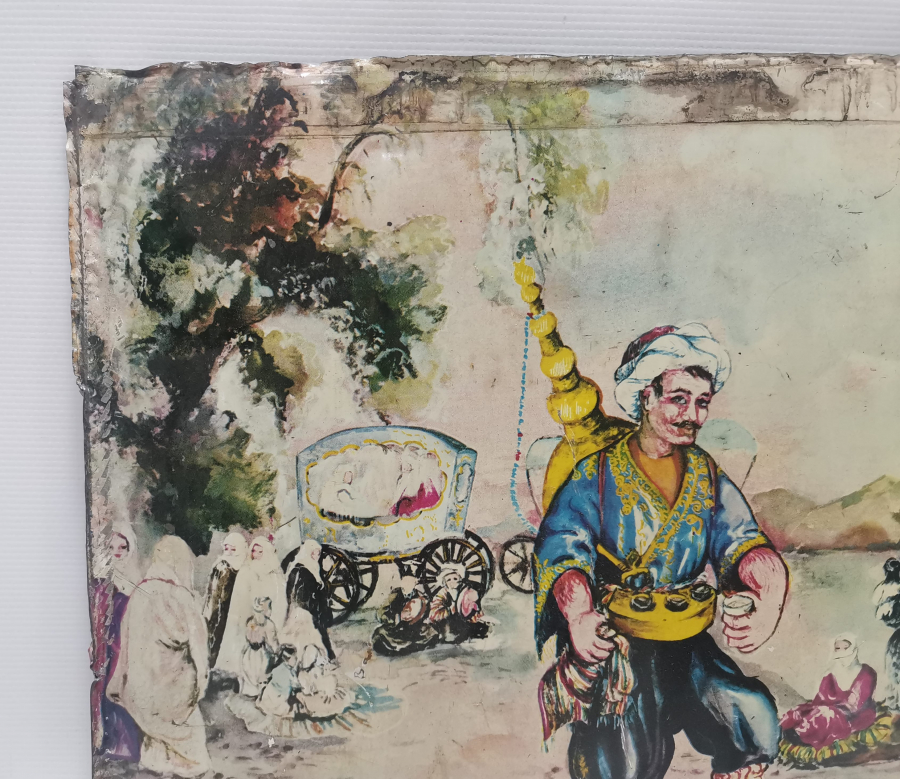 OSMANLI DÖNEMİ TENEKEDEN MAMUL ŞERBETÇİ GÖRSELLİ REKLAM PANOSU