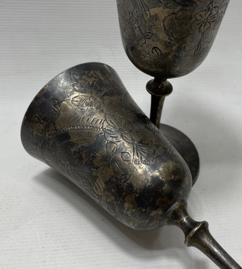 ÜZERİ KALEM İŞÇİLİKLİ GÜMÜŞ KAPLAMA ÇİFT KADEH