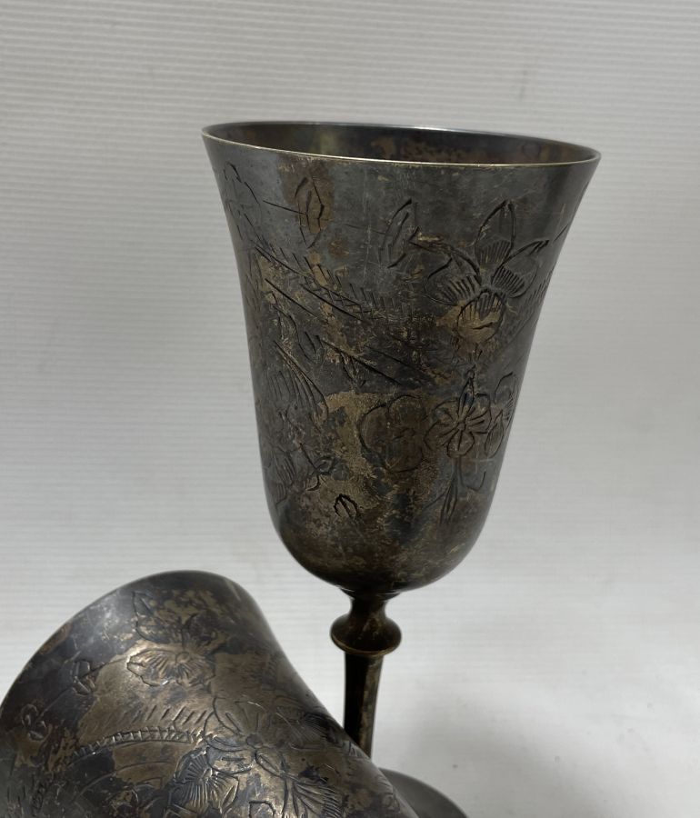 ÜZERİ KALEM İŞÇİLİKLİ GÜMÜŞ KAPLAMA ÇİFT KADEH