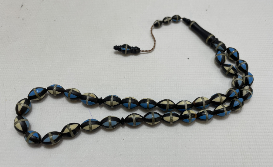 KUKA ÜZERİ GÜMÜŞ - KEMİK VE TURKUAZ ÇAKMA TESBİH