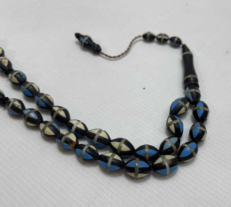 KUKA ÜZERİ GÜMÜŞ - KEMİK VE TURKUAZ ÇAKMA TESBİH