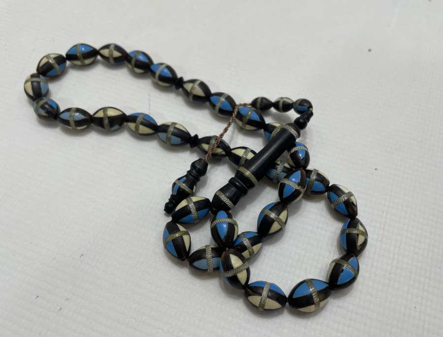 KUKA ÜZERİ GÜMÜŞ - KEMİK VE TURKUAZ ÇAKMA TESBİH