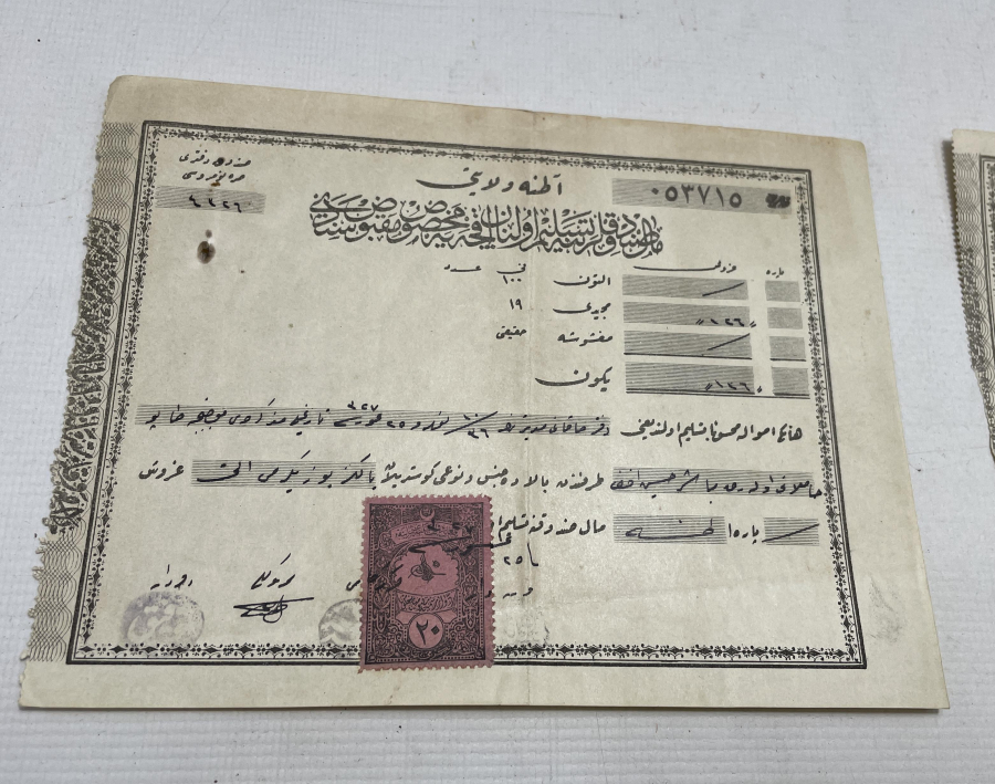 OSMANLI DÖNEMİ ÜZERİ PULLU MAKBUZ LOTU