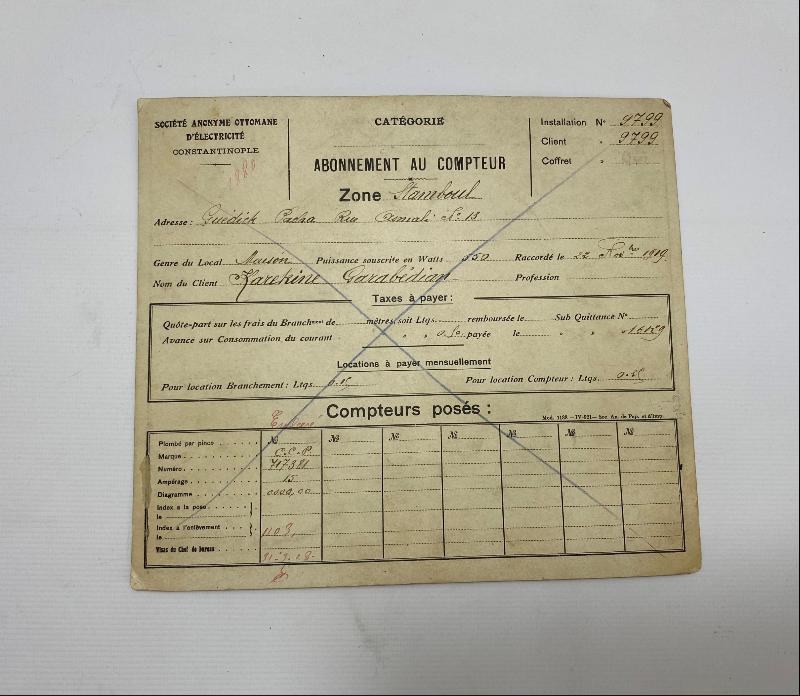 CONSTANTINOPLE - OSMANLI DÖNEMİ ERMENİ VATANDAŞA AİT ELEKTRİK ABONMAN KARTI