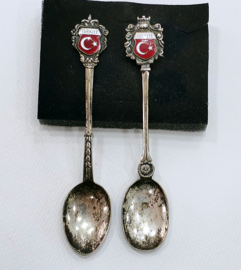 ÜZERİ MİNE İŞÇİLİKLİ ANTİKA GÜMÜŞ ÇAY KAŞIĞI TAKIMI