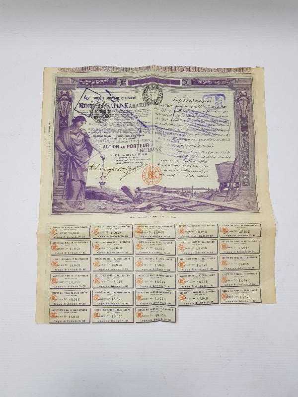 OSMANLI DÖNEMİ BALYA KARAAYDIN MADENİ HİSSE SENEDİ 