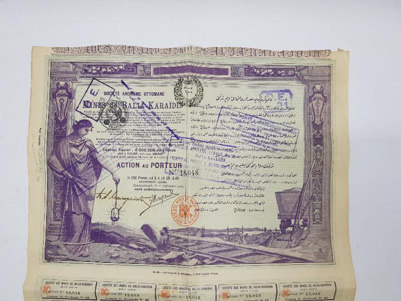 OSMANLI DÖNEMİ BALYA KARAAYDIN MADENİ HİSSE SENEDİ 