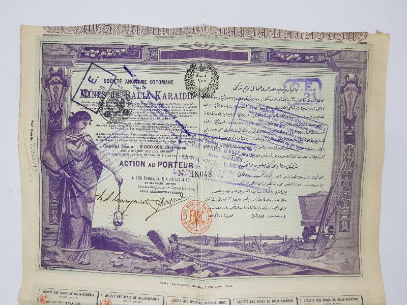 OSMANLI DÖNEMİ BALYA KARAAYDIN MADENİ HİSSE SENEDİ 