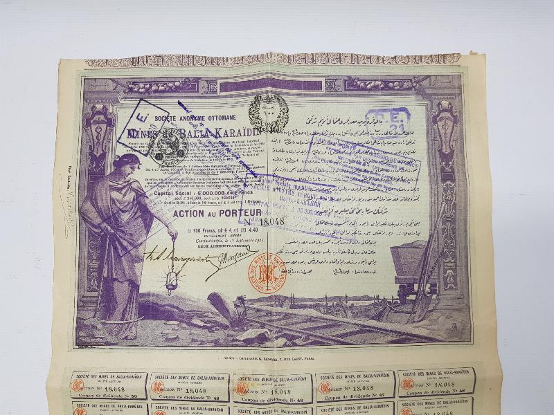 OSMANLI DÖNEMİ BALYA KARAAYDIN MADENİ HİSSE SENEDİ 