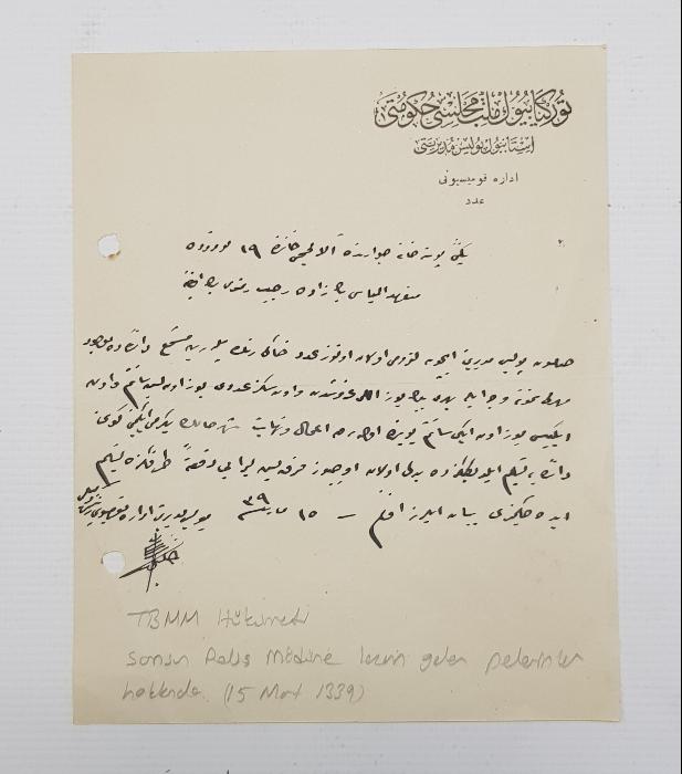 1923 TARİHLİ TBMM HÜKÜMETİ İSTANBUL POLİS MÜDÜRİYETİ ANTETLİ OSMANLICA MEKTUP