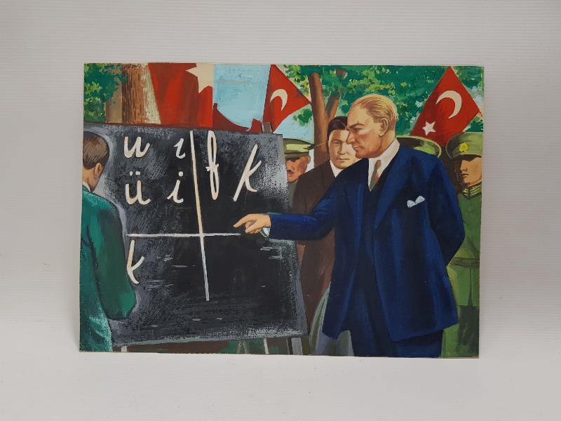 ATATÜRK HARF İNKILABINDA YENİ HARFLERİ TANITIRKEN RESİM 