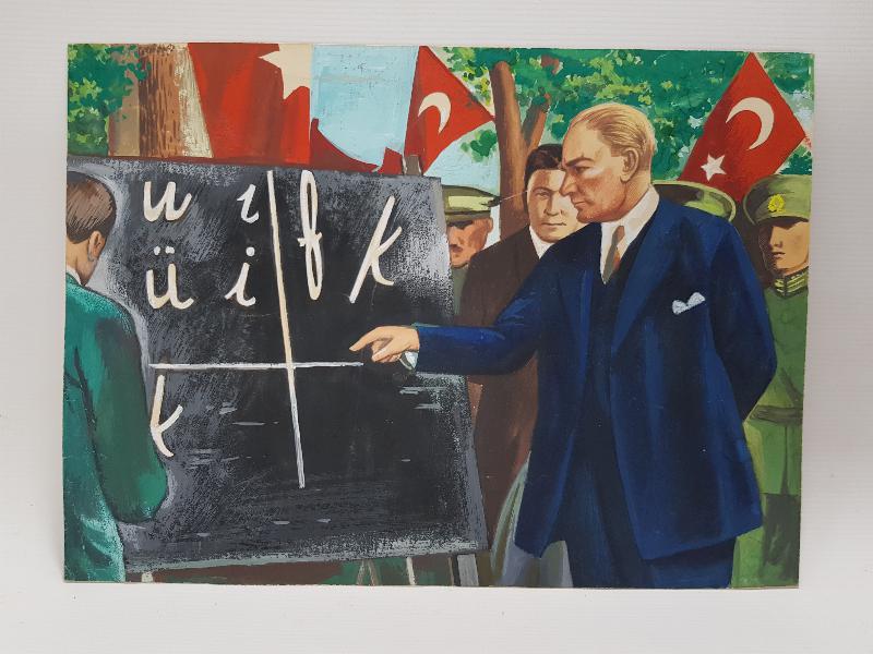 ATATÜRK HARF İNKILABINDA YENİ HARFLERİ TANITIRKEN RESİM 