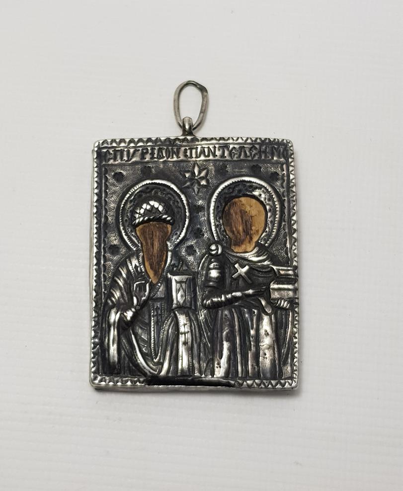 OSMANLI DÖNEMİ RUMCA YAZILI ÇİFT TARAFLI GÜMÜŞ İKONA