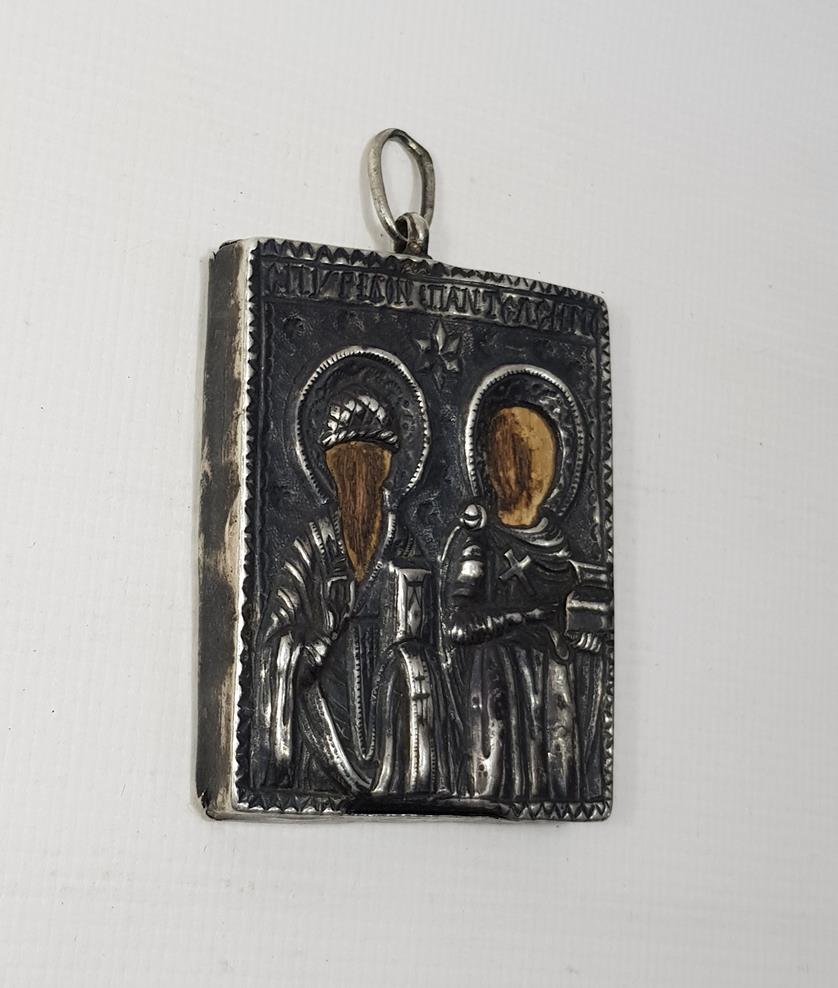 OSMANLI DÖNEMİ RUMCA YAZILI ÇİFT TARAFLI GÜMÜŞ İKONA