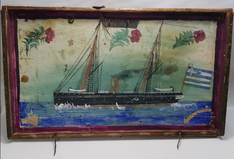 OSMANLI DÖNEMİ EL BOYAMA YUNAN BAYRAKLI GEMİ RESİMLİ SANDIK KAPAĞI