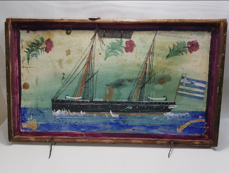 OSMANLI DÖNEMİ EL BOYAMA YUNAN BAYRAKLI GEMİ RESİMLİ SANDIK KAPAĞI