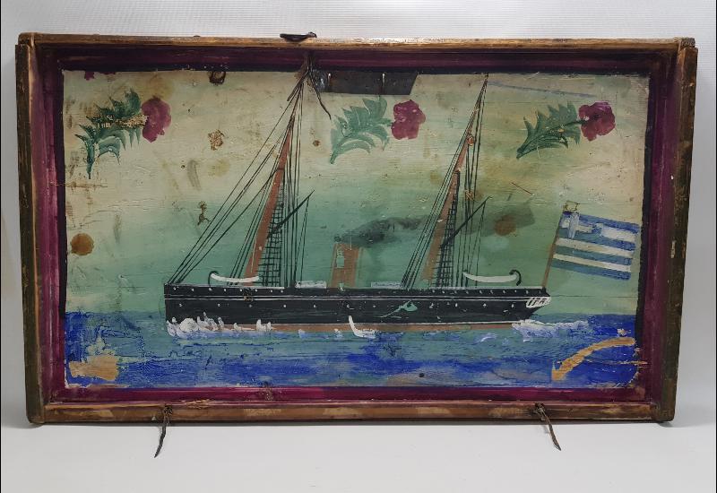 OSMANLI DÖNEMİ EL BOYAMA YUNAN BAYRAKLI GEMİ RESİMLİ SANDIK KAPAĞI