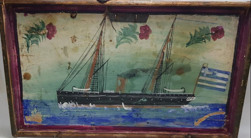 OSMANLI DÖNEMİ EL BOYAMA YUNAN BAYRAKLI GEMİ RESİMLİ SANDIK KAPAĞI